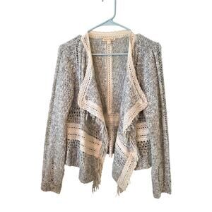 Hem & Thread Womens Open Front Fringe Cardigan Sweater Size Medium Gray Granny